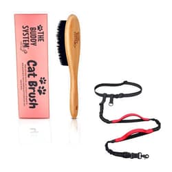 The Buddy System Cat Brush with Boar Bristle and Wooden Handle and Reflective Leash System, Dual Hand-held and Hands Free Dog Leash for Running, Jogging, Training and Service Dogs
