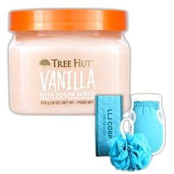 LLJ CORP ONLINE SHOP Tree Hut Shea Sugar Scrub Vanilla 18oz, Bundle Ultra Hydrating and Exfoliating Scrub for Nourishing Essential Body Care With 3 LLJ Corp Mesh Bath And Shower