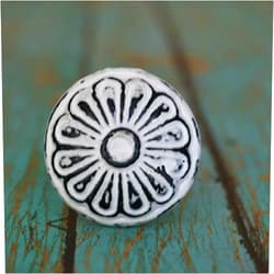 MarktSq Set of Four Round Metal Cabinet Knobs with Floral Pattern in Distressed White