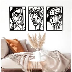 ESTART 3 Pieces Abstract Human Face Metal Wall Decor, Modern Minimalist Single Line Geometric Hanging Wall Art, Black Metal Wall Sculptures for Home Living Room Bedroom Bathroom Kitchen 37x15.7 IN