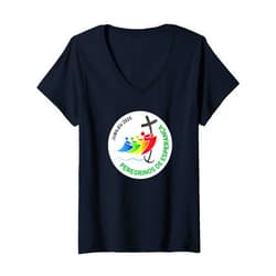 VISITE NOSSA LOJA - Jubileu Católico 2025 Womens (PORTUGUESE) Jubileu Católico 2025 – Peregrinos da Esperança V-Neck T-Shirt