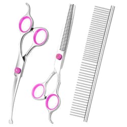 Sumcoo Dog Grooming Scissors with Safety Round Tips Stainless Steel Professional Pet Grooming scissors Kit - Thinning, Curved Scissors and Comb for Dogs Cats - Pink