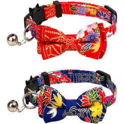 Icicecream Breakaway Cat Collar with Bow Tie and Bell, Japanese Kimono Patterns, Detachable Adjustable Safety Collars for Girl Boy Male Female Cats Kitten & Small Dogs 2 Pack