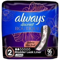 Always Discreet Boutique Incontinence Panty Liners for Bladder Leaks, Size 2, Very Light Absorbency, Long Length, 96 Count (3 Packs of 32)