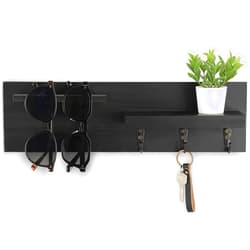Lucundm Key Holder for Wall, Decorative Entryway Shelf with Hooks Holds Keys, Dog Leash, Sunglasses – Key Hanger with 3 Hooks Organizes, Enhances Home Decor (15” x 4.5” x 2.6”) (Black)