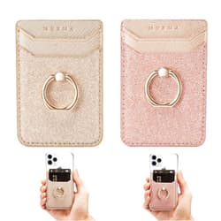 DMaos Phone Card Holder Sleeve RFID Credit Wallet with Kickstand Ring for Women, 2 Pieces Glitter Sands Wallet Stick-On Back Grip for iPhone Samsung Android and Smartphones - Pink + Gold