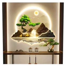 Zfmnoyev 3D Wall Decor with Led Lights, Metal Wall Art Home Decor Wall Art Decorations Lamp, Landscape Painting Wall Art Hang Pictures, for Bedroom Living Room Office Entrance(Gold,70x58cm/27.6x22.8in)