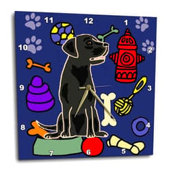 3dRose Wall Clock Silent - 13 inch - Funny Cute Black Labrador Retriever Puppy Dog and Dog Toys Cartoon - Pets
