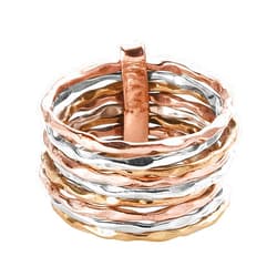 PHNX 3 Tone Hammered Statement Stackable chunky Band Rings For Women SIlver Copper Brass Ring Thin Band for Women, 9 Stacked Rings
