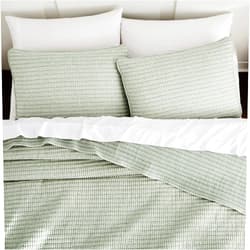 WDCOZY Sage Green Pick Stitch King Size Quilt Set, Striped Lightweight Soft Summer Spring Bedspread, Bamboo Linen Like Textured Coverlet, Chambray Farmhouse Country Rustic Thin Bedding Comforter