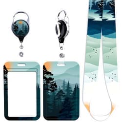 Juanooo Mountain ID Lanyard Badge Holder & Retractable Badge Reel Clip Cool Sunset Keychain Lanyard ID Holder for Women Men Teachers Doctors for Keys & ID Badges Name Tag Tree Reel Lanyard