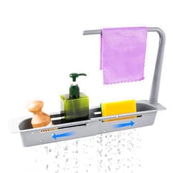 NiHome Telescopic Kitchen Over Sink Organizer with Towel Hanger, Expandable Slim Drain Basket Multifunctional Caddy Adjustable Length Colander Rack Sponge Holder Storage Tray for Home Bathroom (Grey)
