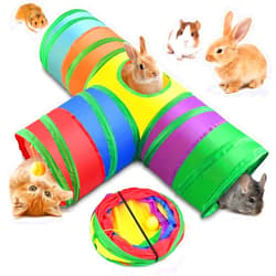 Bissap Rabbit Tunnel, 9.8'' Collapsible Bunny Tunnel and Tube 3 Ways Pet Hideout with 1 Play Ball for Indoor Kittens Dwarf Rabbit Bunny Guinea Pig Chinchilla Small Animal Activity Fun Toy (Rainbow)