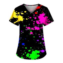 LPIGOH Scrubs for Women V-Neck Short Sleeve Printed Scrub Tops Plus Size Durable Soft Stretch Nursing Scrubs with Pockets
