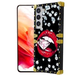 Stewing prerog Compatible with Samsung Galaxy S21 FE 5G Square Case, Glitter Diamond Red Lips Luxury Golden Decoration for Samsung Case Girls Women, Soft TPU and Hard PC Back Trendy Protective Cover Case