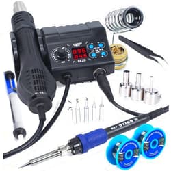 WEP 882D Soldering Iron Station 2-IN-1 SMD Hot Air Rework Station with 2 Spools of Solder Wire, 5 Soldering Tips, 3 Hot Air Nozzles, Brass Wool Tip Cleaner, Tweezers, Desoldering pump