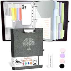 BVSSX 3 Ring Binder, 1 Inch Three Ring Linen Leather Binder Organizer with Clipboard for Letter Size Paper, Transparent Folder, 5-Tabs Dividers, File Folder Labels, Pen Loop, Elastic Strap (Dark Grey)