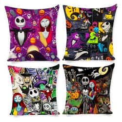 LAYINUSG 4 PCS Nightmare Before Christmas Throw Pillow Cover 18''X18'' Jack and Sally Christmas Halloween Square Cushion Cover Pillowcases