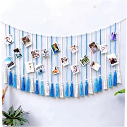 Aniaoie Hanging Photo Display With Long Tassel, Boho Macrame Photo Wall Hanging With 20 Wood Clips, Boho Decor For Bedroom Christmas Birthday Gifts For Teen Girls,Blue