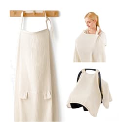 Blissful Diary 2-in-1 Muslin Baby Car Seat Cover, Multi-use Nursing Cover for Breastfeeding, Breathable Infant Car Seat Cover Canopy - Beige