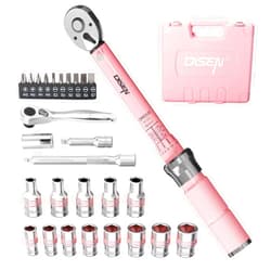 DISEN 28 PCS Bike Torque Wrench Set 1/4 Drive, 72-Tooth Precision Torque Ratchet Wrench 20-220 In.lbs/2-24Nm, Dual-Direction Click Type Wrench with Bit Sockets Kit, Customized Pink Gift Tool Box