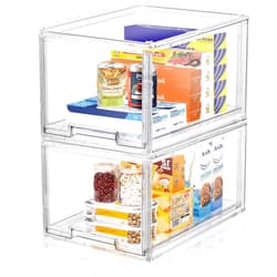 DILIBRA 2 Packs Plastic Stackable Storage Organizer Bins with Pull Out Drawer, Large Clear Acrylic Storage Drawers Container Boxes for Fridge Pantry Shelf Clost Refrigerator Organization and Storage