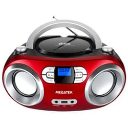 MEGATEK Portable CD Player Boombox with FM Radio, Bluetooth, USB Port, AUX Input, and Headphone Jack – CD-R/CD-RW/MP3-CD Compatible, Clear Stereo Sound, Backlit LCD Display – Cherry Red