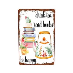 Graman Drink Tea Read Books Be Happy Vintage Tin Sign Watercolor Tea Lover Wall Sign Decor Kitchen Decor DIY Decor Tea and Books Bookworm Decor 8x5.5 Inch