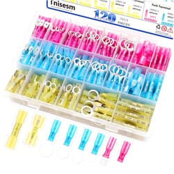 Tnisesm 120Pcs Heat Shrink Wire Connectors, Waterproof Insulated Automotive Marine Electrical Terminals Kit, Crimp Connector Assortment, Ring Fork Spade Splices
