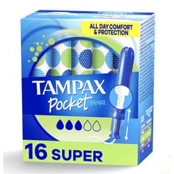 Tampax Pocket Pearl Tampons Super Absorbency with LeakGuard Braid, Unscented, 16 Count