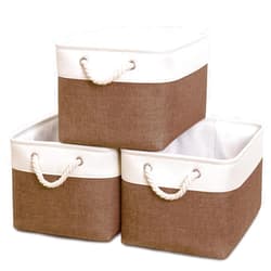 HOdo Home Fabric Storage Bin with Hard Bottom Base and 2 Bold Handles, Collapsible Large Canvas Storage Baskets for Organizing Shelf Nursery Home Closet (Brown&White, 15L×11W×9.5H - 3Pack)