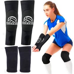 HTARTZ Volleyball Arm Sleeves and Volleyball Knee Pads with Protection Pad Set Passing Forearm Sleeves with Protection Pad Thumb Hole Breathable Knee Pads for Youth Kids Volleyball Training (4)
