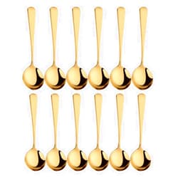 BISDARUN Broth Round Spoon Set, 12-Piece Reusable Stainless Steel Dinner Table Cereal Soup Spoon, Camping Ramen Spoons Gold