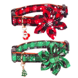 ADOGGYGO Christmas Dog Collar with Flower, Plaid Dog Christmas Collar with Removable Floral Adjustable Christmas Collars for Medium Dog (Medium)