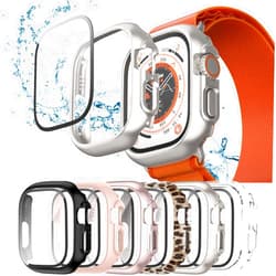 Cuteey [6+6] Pack Case for Apple Watch Ultra 49mm Screen Protector, Cuteey Waterproof Seperate No Foggy Tempered Glass Protector Full Protection Hard PC Cover Bumper for iWatch Ultra Accessories Leopard