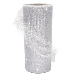 Ableme Deco Silver Glitter Tulle Fabric Rolls, 6 Inch by 25 Yards (75 feet) Ribbon Spool Sparkle Sequin Tulle for Tutu Gift Wrapping Wedding Bow Decoration Party Supplies (Silver)