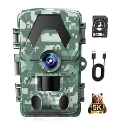 EBXDW Trail Camera, 5K 60MP Game Camera with 130°Wide-Angle, IP66 Waterproof Night Vision with No Glow Infrared LEDs, 0.05s Trigger Motion Activated for Wildlife Camera