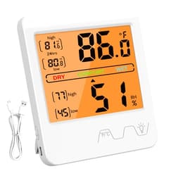 KJMOPRO Rechargeable Digital Hygrometer Indoor Thermometer for Home, Autobacklight Room Thermometer, Temperature Humidity Monitor Meter with Auto Backlight, USB Rechargeable, Max Min Record (White)