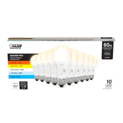 Feit Electric A19 LED Light Bulb, 60W Replacement, Dimmable, Selectable Color Temperatures (2700K-5000K), 800 Lumens, General Purpose Light Bulbs, 15,000-Hour Lifetime, OM60DM/5CCTCA/LED/10, 10 Pack