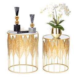 Homebeez End Tables Set of 2, Gold Nesting Side Coffee Table Decorative Round Nightstands (Stainless Steel Top)