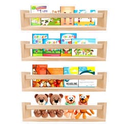 Birola Nursery Book Shelves Set of 4,Wood Floating Nursery Shelves for Wall,Wall Bookshelves for Kids，Bathroom Decor, Kitchen Spice Rack (Set of 4)
