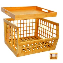 AltCooking Hub Bamboo Storage Bin - Multipurpose, Stackable Open Front Storage Bin with Bamboo Serving Tray Lid for Kitchen & Pantry - Stylish Lattice Design