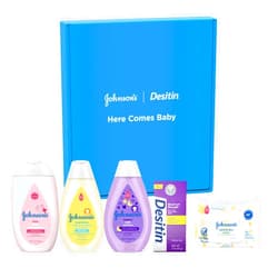 Johnson's Baby Here Comes Baby Gift Set, Baby Essentials for New Parents with Moisturizing Lotion, Bedtime Bath, Body Wash & Shampoo, Hand & Face Wipes, & Diaper Rash Cream, 5 Items