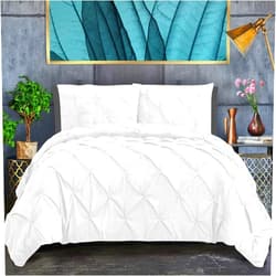 RoverBedding Super King Plus (120''x120'') Size - White Color 3 Piece Pinch Pleated Comforter Set with 4 Corner Tabs 100% Cotton 500 GSM Fill Power All Season Lightweight Pintuck Quilted Bedding Set