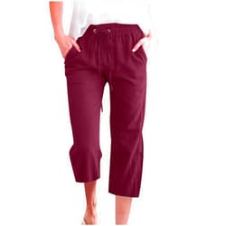SMIDOW Capri Pants for Women Casual 2023 Summer Drawstring Elastic High Waist Linen Pant Straight Wide Leg Cropped Trouser