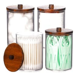 Tbestmax 4 Pack Qtip Holder Bathroom Set, 10 oz Restroom Bathroom Organizers and Storage Containers, Clear Plastic Apothecary Jars with Wood Lids for Cotton Ball, Cotton Swab, Floss