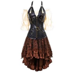 Kranchungel Corset Dress Steampunk Steel Boned Corset Skirt 3 Set Blouse Pirate Gothic Basques Medieval Renaissance Women