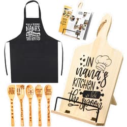 LOYIM 7 Pcs Gifts for Grandma Mom Nana, Mother Day Gift from Daughter Granddaughter Wooden Adjustment Cookbook Stand Cooking Utensils Set Kitchen Apron for Birthday Valentines Day Gift(Nana)