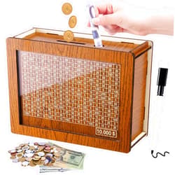 GGSTDDUP Cash Vault Wooden Savings Box, Wooden Cash Saver Money Box, Cash Coin Retro Money Savings Box with Counter, Saving Challenge Box 10,000, Money Box for Kids Adults (Lightbrown)