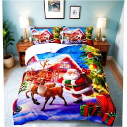 Bedbay Christmas Bedding Set King Size Duvet Cover Santa Claus Bedding Chrismas Deer Christmas Tree Printed Xmas Christmas Room Decor Soft Microfiber 3 Pcs Quilt Cover Set for Winter(Santa,King)
